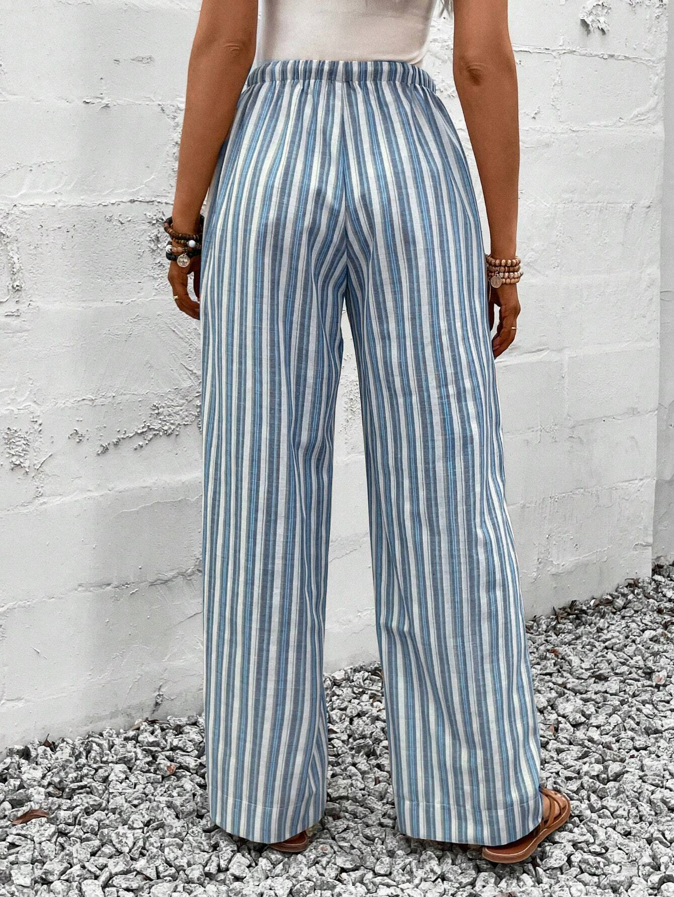 Women's  Elastic Band H-Line Wide Leg Pants Daily Pant Blue Casual Drawstring Striped Pant