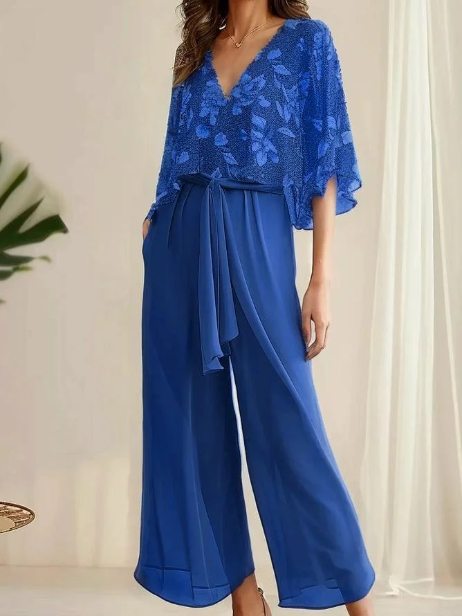 Women's Lace-up Floral Holiday Chiffon Going Out Two-Piece Set Casual Summer Top With Pants Matching Set