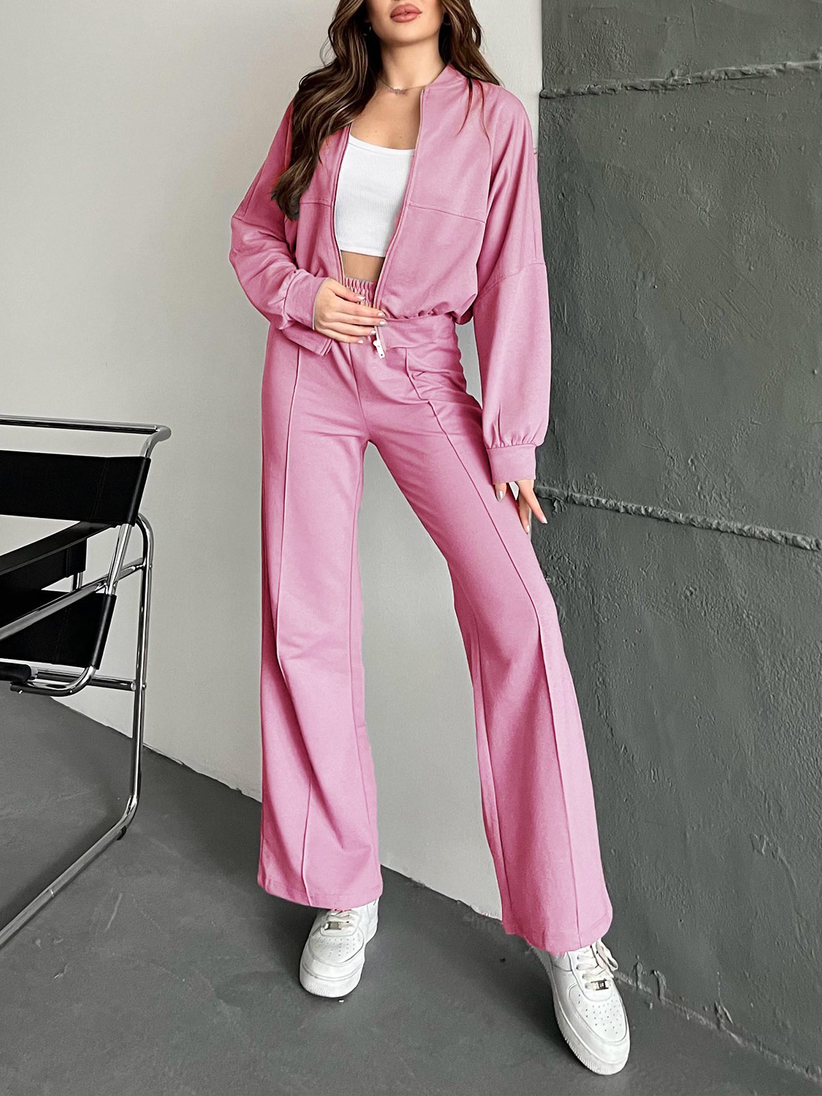 Women's Plain Daily Going Out Two Piece Set Long Sleeve Casual Spring/Fall Coat With Pants Matching Set