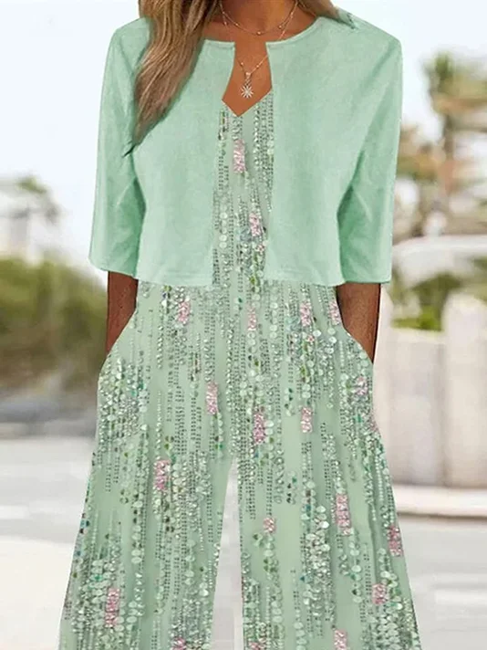 Women's Pocket Stitching Random Print Daily Going Out Two Piece Set Cap Sleeve Casual Summer Matching Set Green