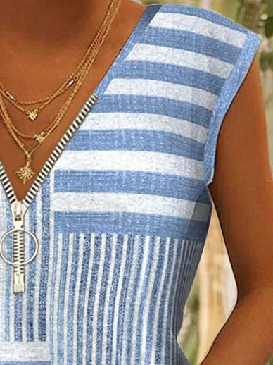 Women's Sleeveless Tank Top Summer Blue Striped Zipper V Neck Daily Going Out Casual Top