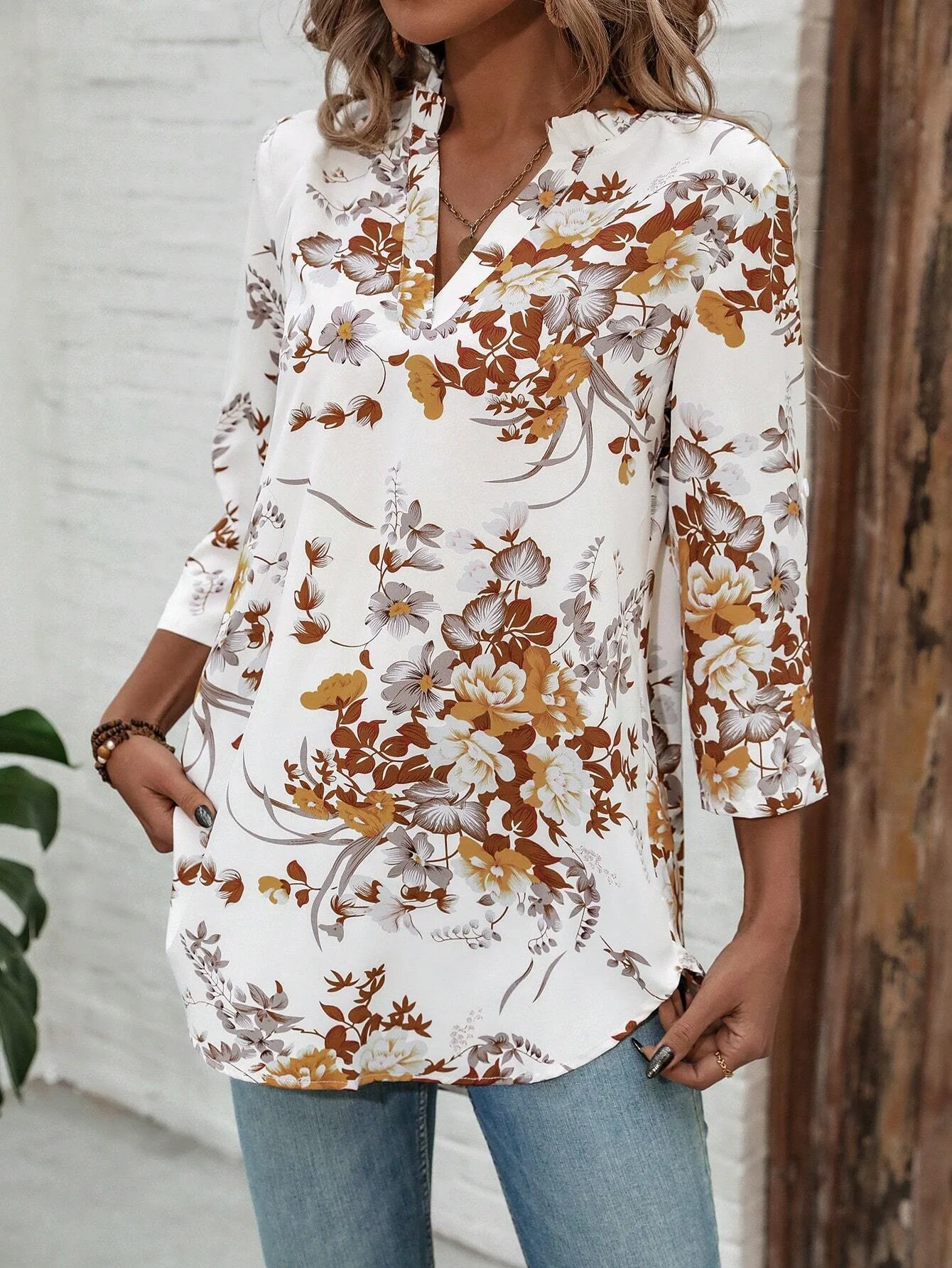 Women's Long Sleeve Blouse Summer White Floral V Neck Daily Going Out Casual Tunic Top