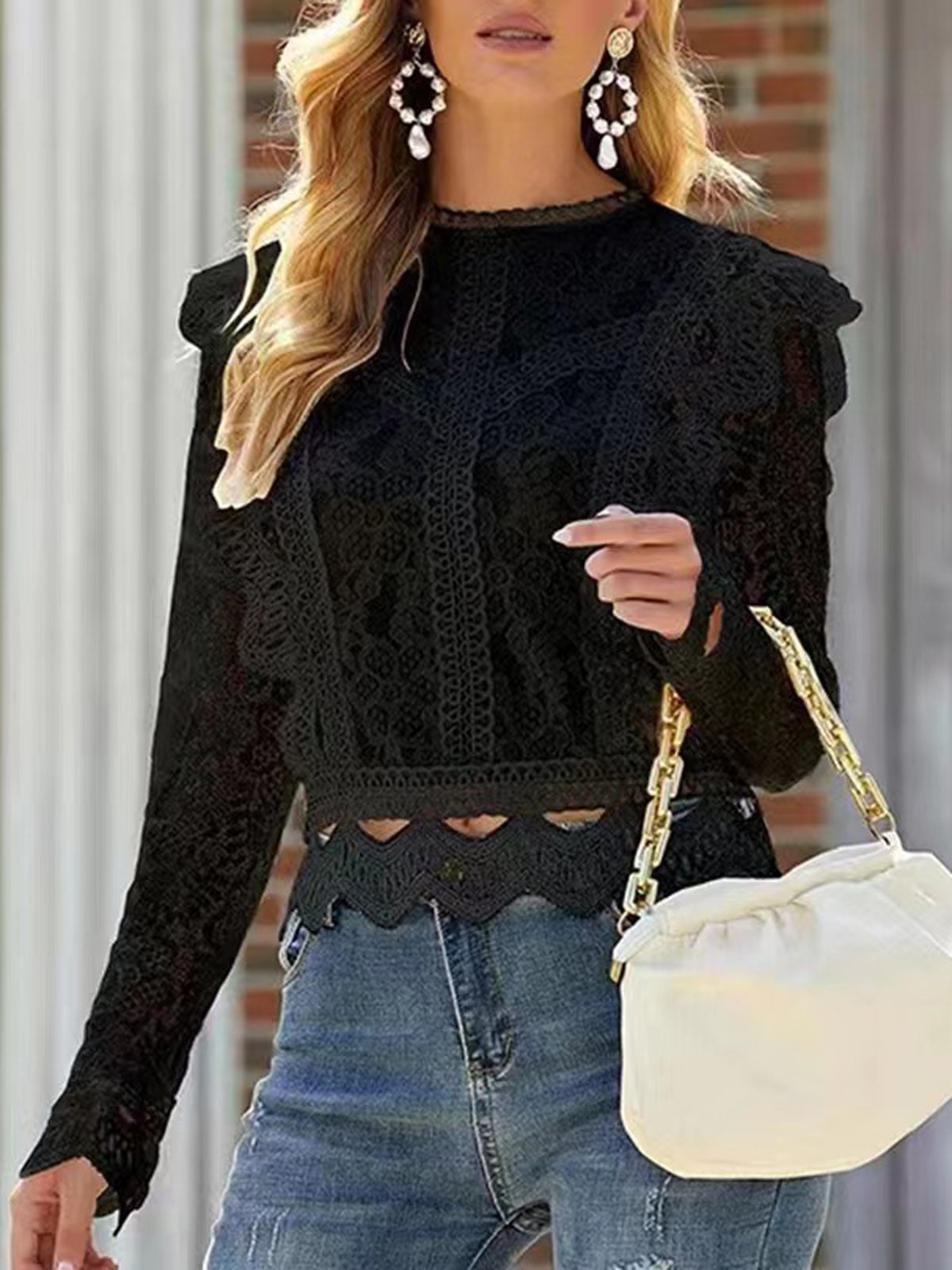 Women's Long Sleeve Blouse Spring/Fall Plain Lace Mock Neck Daily Going Out Casual Top