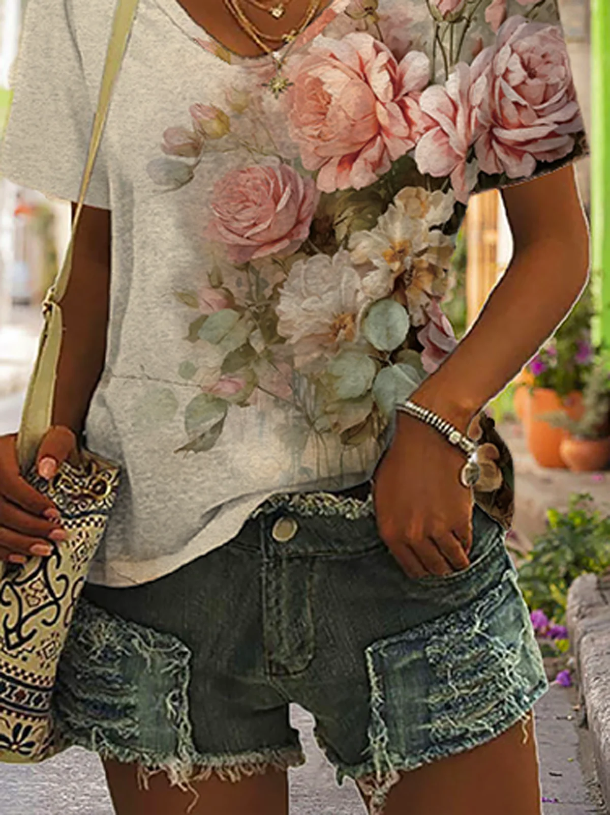 Women's Short Sleeve Tee/T-shirt Summer Floral Jersey V Neck Daily Going Out Casual Top Multicolor