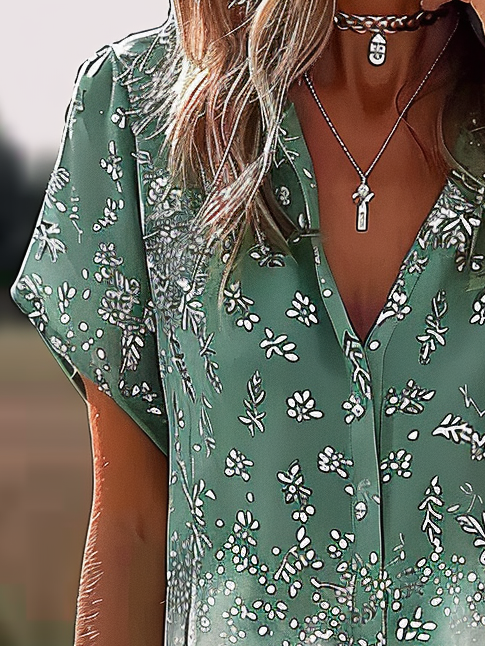 Women's Short Sleeve Shirt Summer Floral Printing V Neck Daily Going Out Casual Top Green