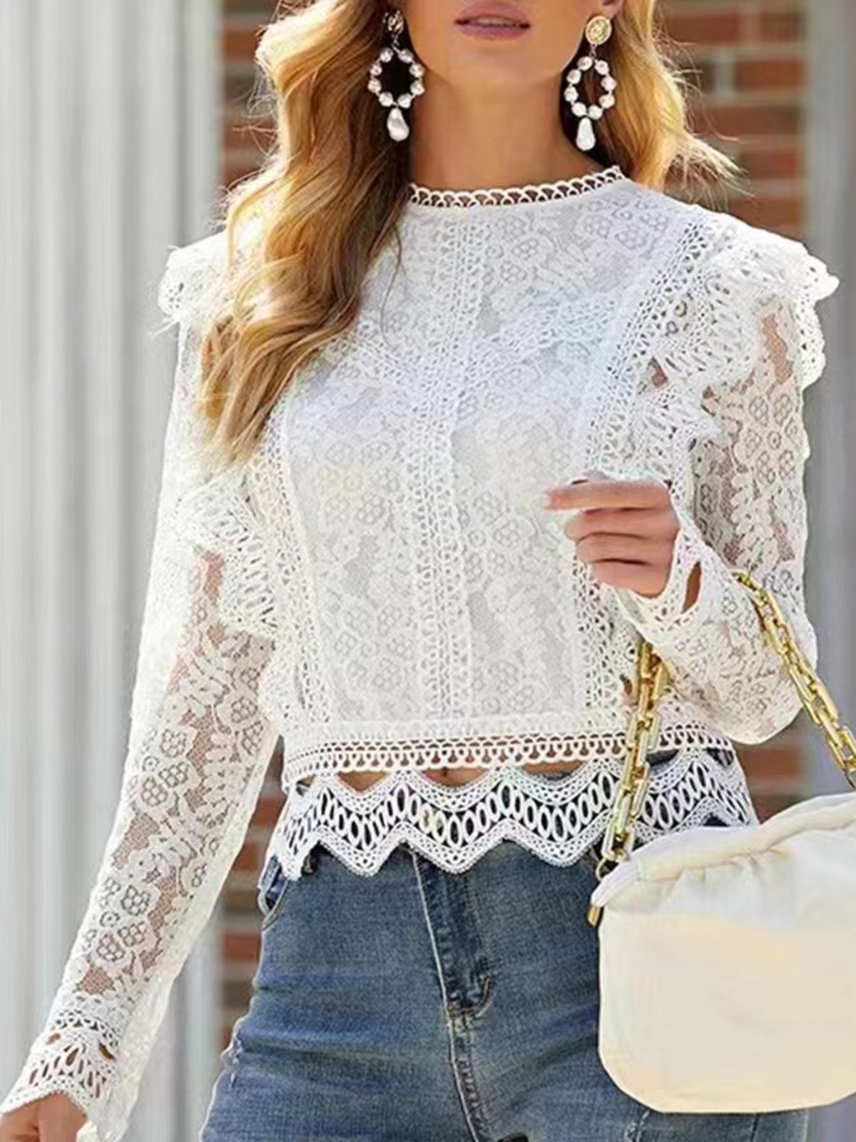 Women's Long Sleeve Blouse Spring/Fall Plain Lace Mock Neck Daily Going Out Casual Top