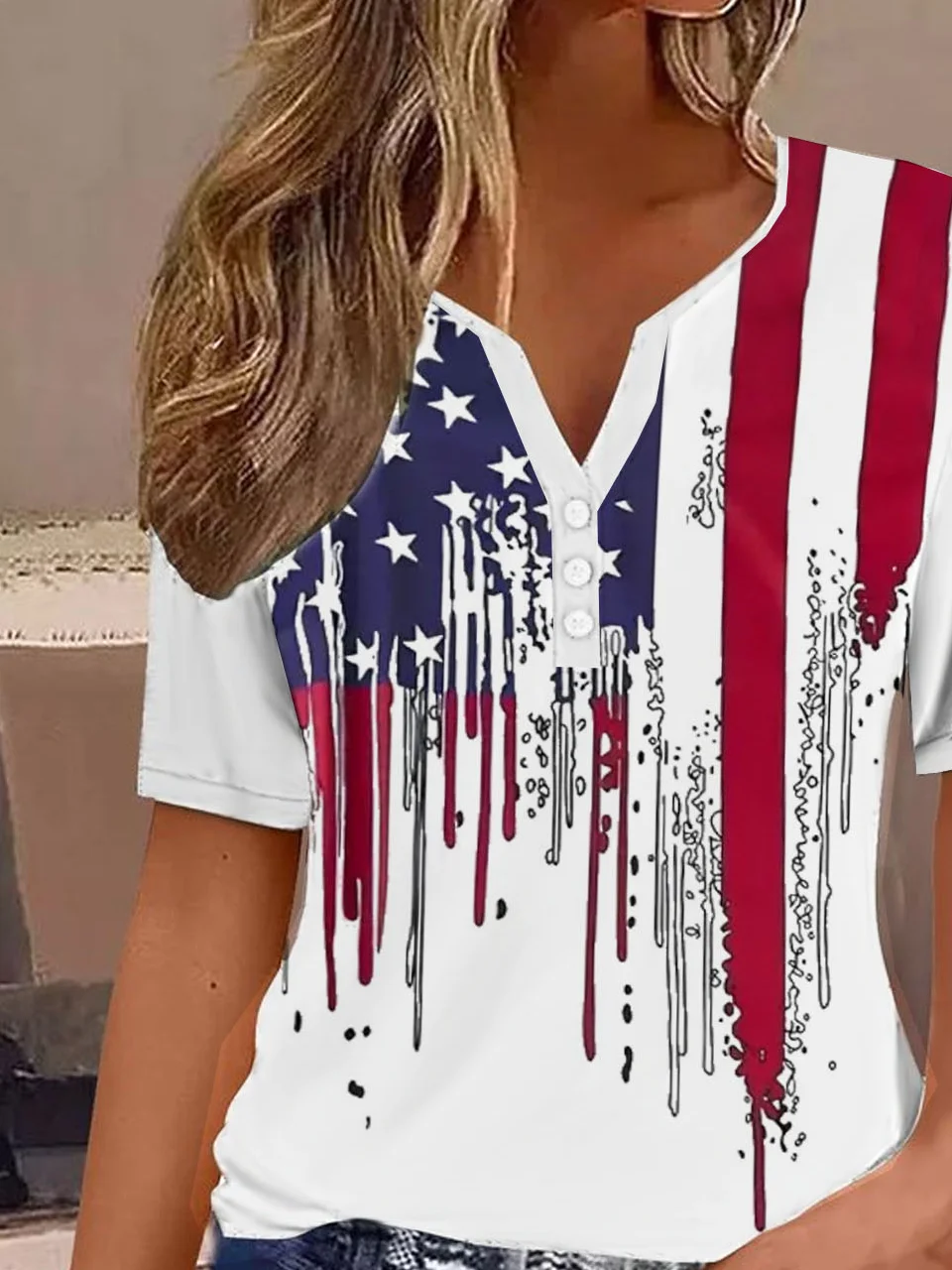 Women's Short Sleeve Tee T-shirt Summer America Flag Buckle Notched Holiday Going Out Casual Top White