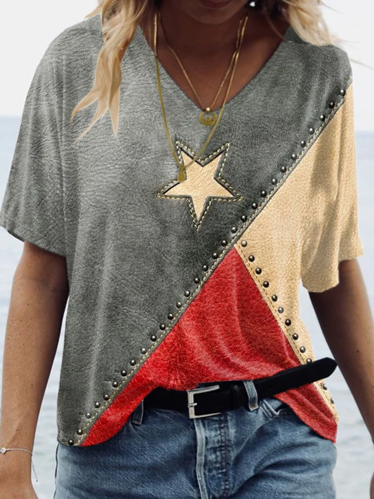 Women's Short Sleeve Tee T-shirt Summer Independence Day (Flag) V Neck Casual Top