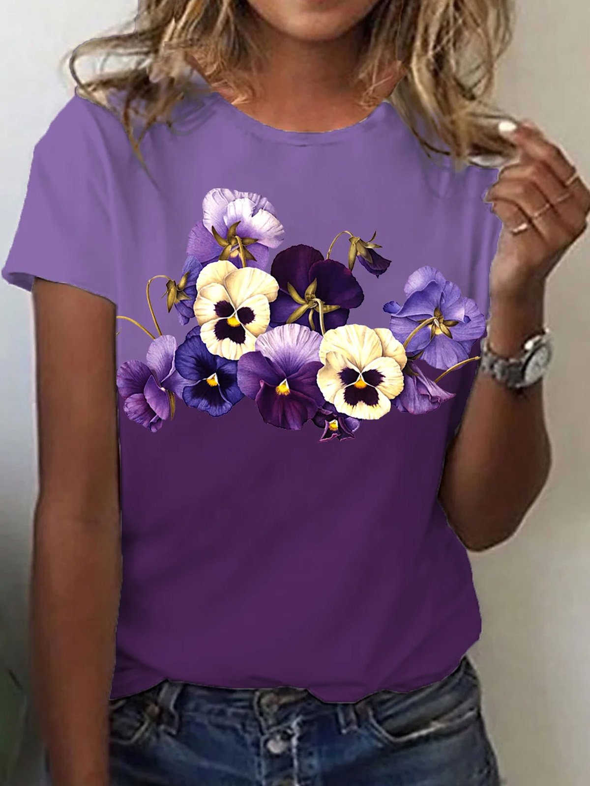 Women's Short Sleeve Tee T-shirt Summer Floral Jersey Crew Neck Daily Going Out Casual Top Purple