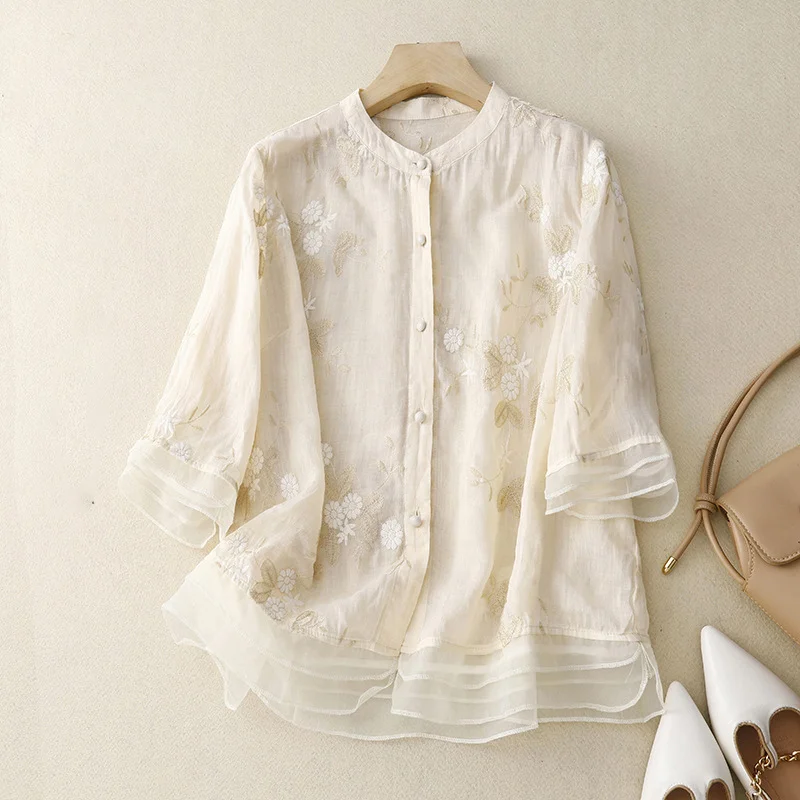 Women's Half Sleeve Shirt Summer Embroidery Patterns Cotton Stand Collar Daily Going Out Casual Top Off White