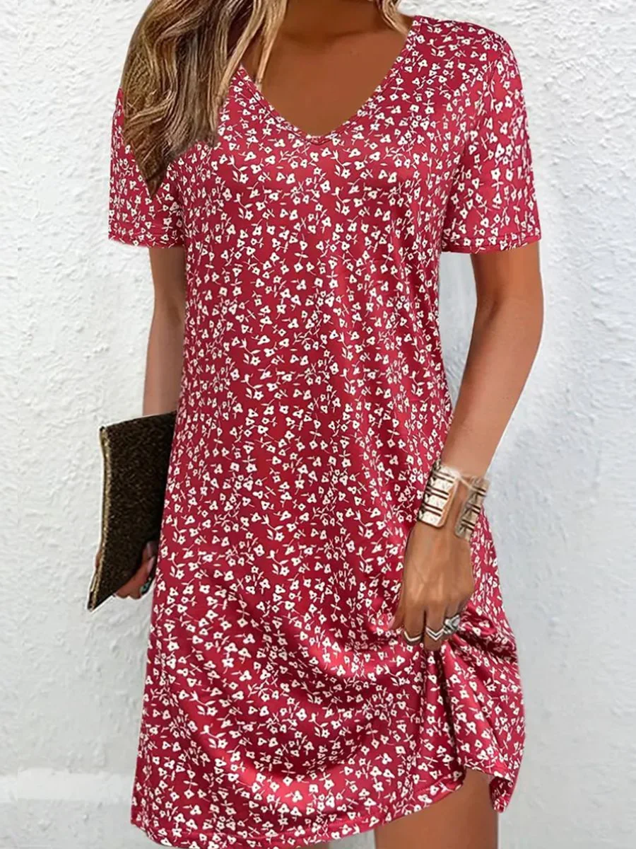 Women's Short Sleeve Summer Ditsy Floral Dress V Neck Daily Going Out Casual Mini T-Shirt Dress H-Line Dress