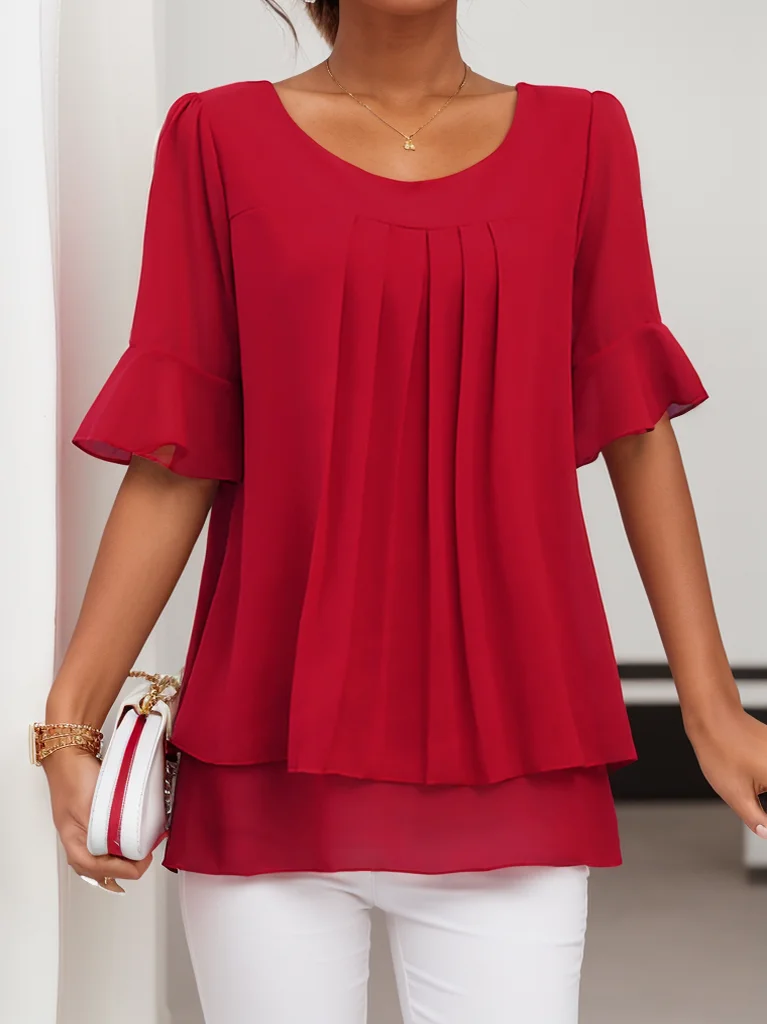 Women's Short Sleeve Blouse Summer Plain Crew Neck Daily Going Out Simple Top Pink