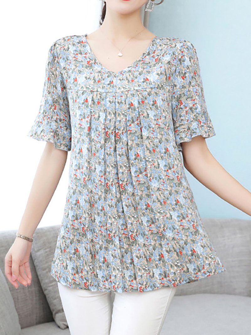 Women's Short Sleeve Blouse Summer Small Floral V Neck Daily Going Out Simple Top Blue