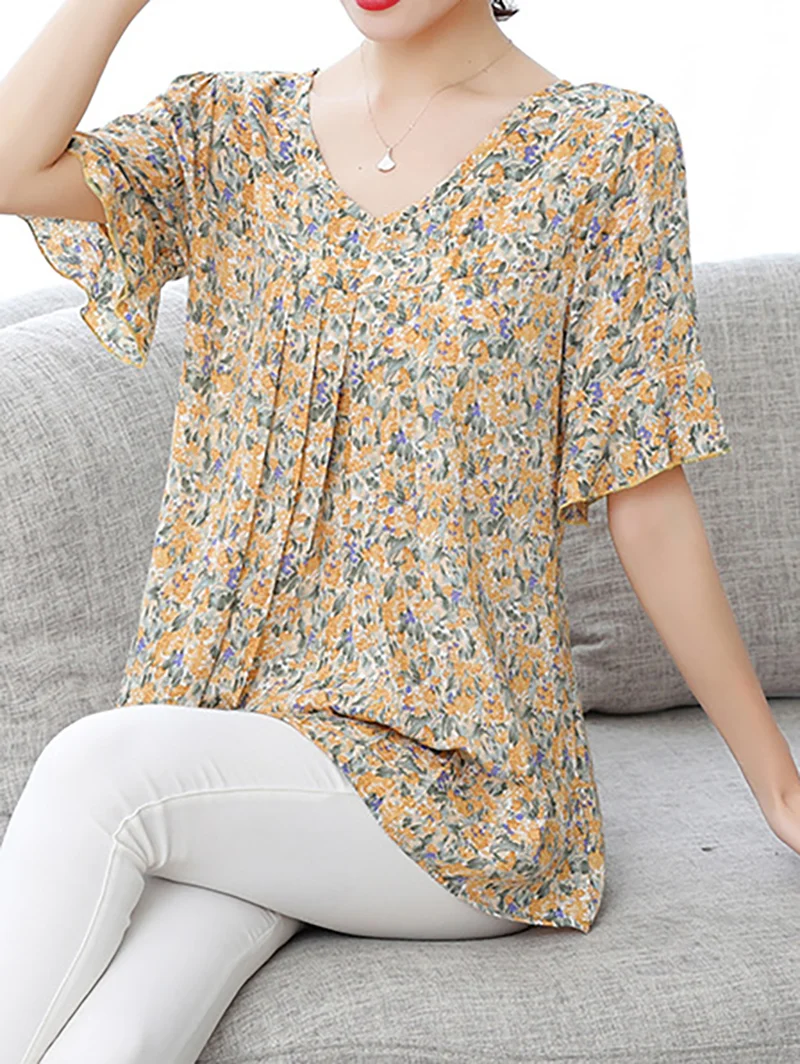 Women's Short Sleeve Blouse Summer Small Floral V Neck Daily Going Out Simple Top Blue