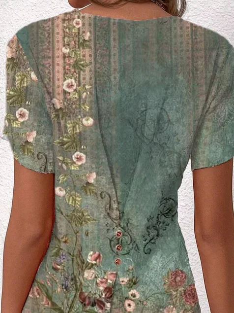 Women's Short Sleeve Blouse Summer Ethnic Buttoned Notched Petal Sleeve Daily Going Out Simple Top Green