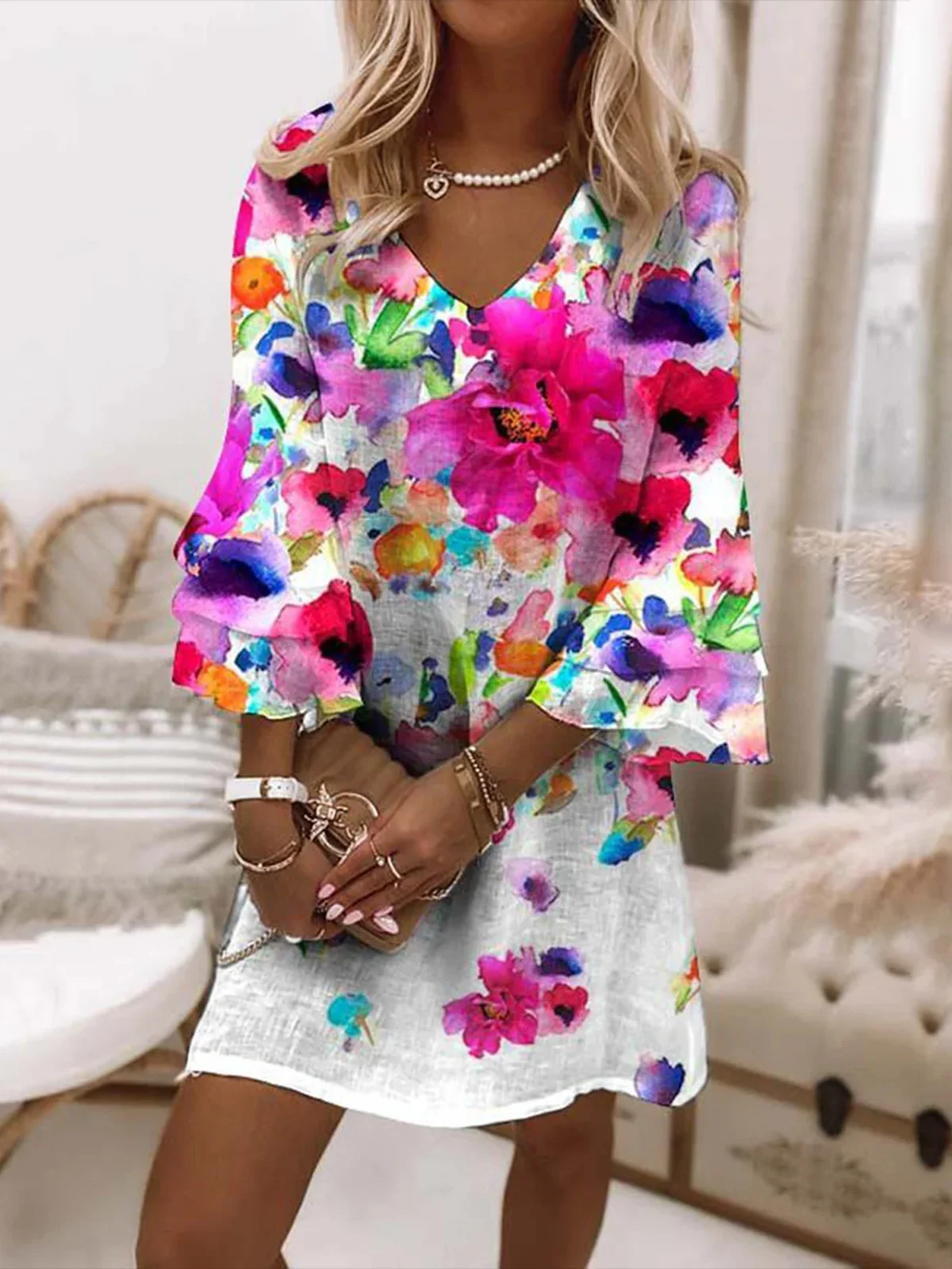 Women's Three Quarter Sleeve Spring/Fall Floral Dress V Neck Daily Going Out Casual Mini A-Line White