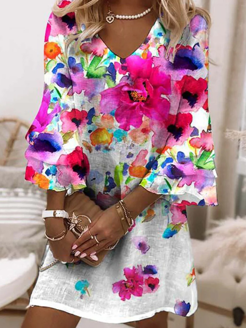 Women's Three Quarter Sleeve Spring/Fall Floral Dress V Neck Daily Going Out Casual Mini A-Line White