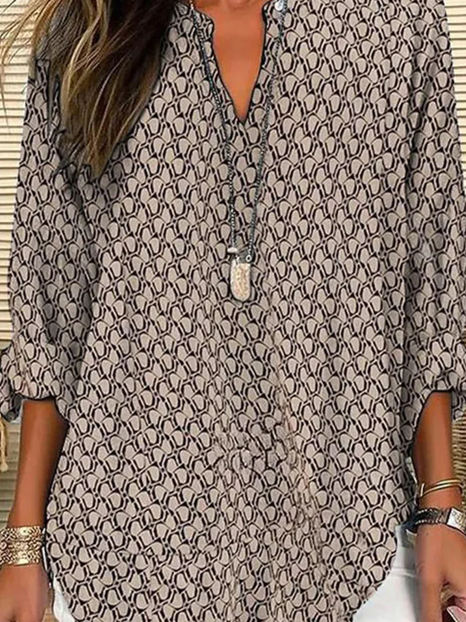 Women's Long Sleeve Blouse Spring/Fall Geometric V Neck Daily Going Out Casual Top Khaki