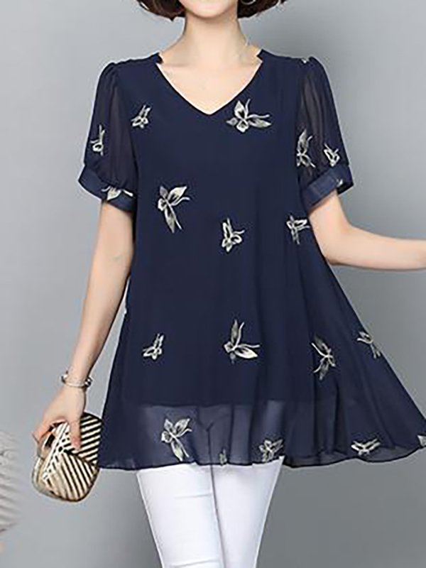 Women's Half Sleeve Blouse Summer Dark Blue Butterfly Embroidery Chiffon V Neck Daily Going Out Casual Top