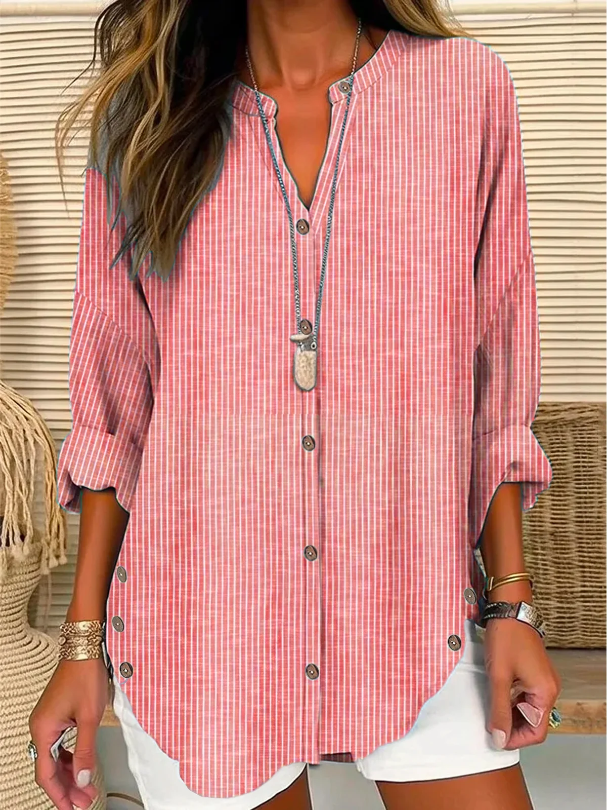 Women's Long Sleeve Shirt Spring/Fall Striped Buckle Shirt Collar Daily Going Out Casual Top