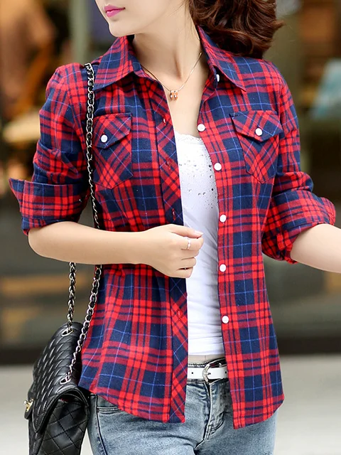 Women's Long Sleeve Shirt Spring/Fall Plaid Shirt Collar Daily Going Out Casual Top