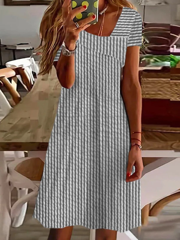 Women's Short Sleeve Summer Striped Asymmetrical Daily Going Out Casual Short A-Line Dress Blue