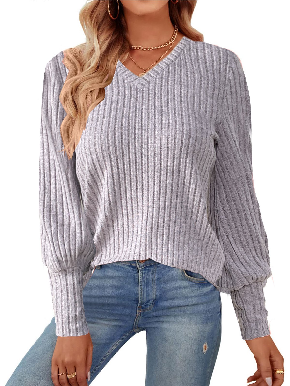 Women's Long Sleeve Shirt Spring/Fall Gray Purple Plain V Neck Daily Going Out Casual Top