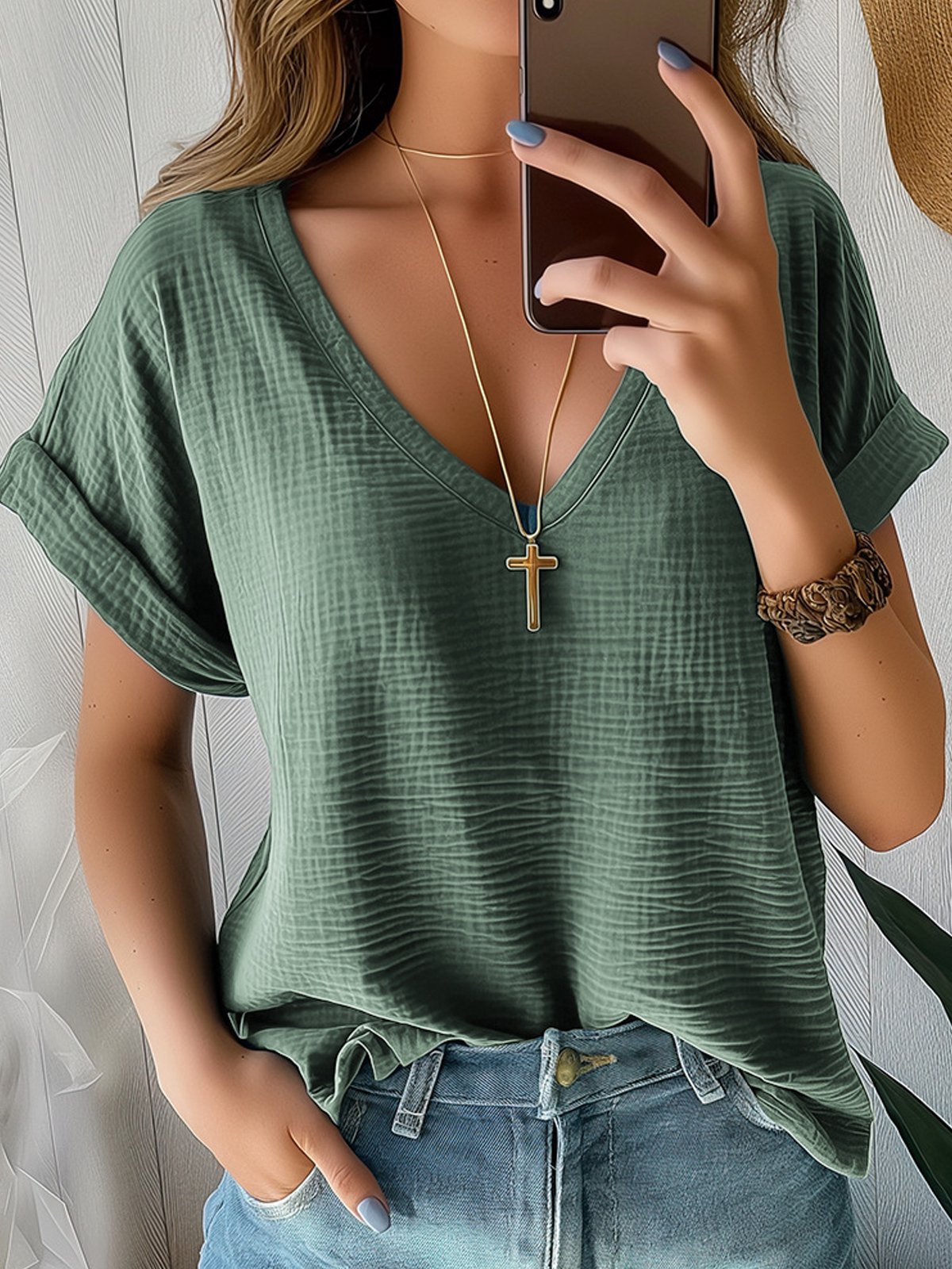 Women's Short Sleeve Blouse Summer Plain Cotton V Neck Daily Going Out Casual Top Black