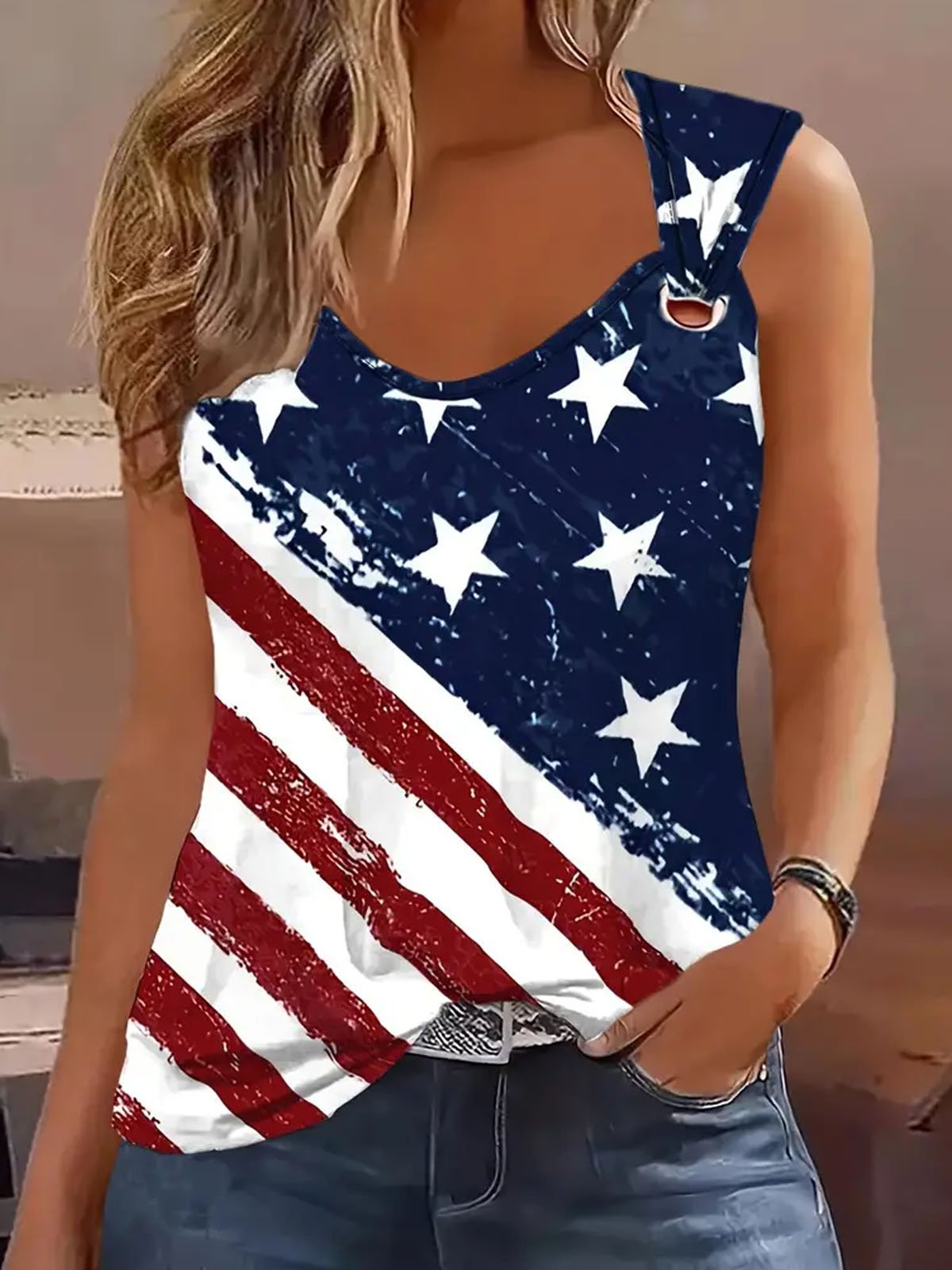 Women's Sleeveless Tank Top Camisole Summer America Flag Buckle Jersey Crew Neck Daily Going Out Casual Top