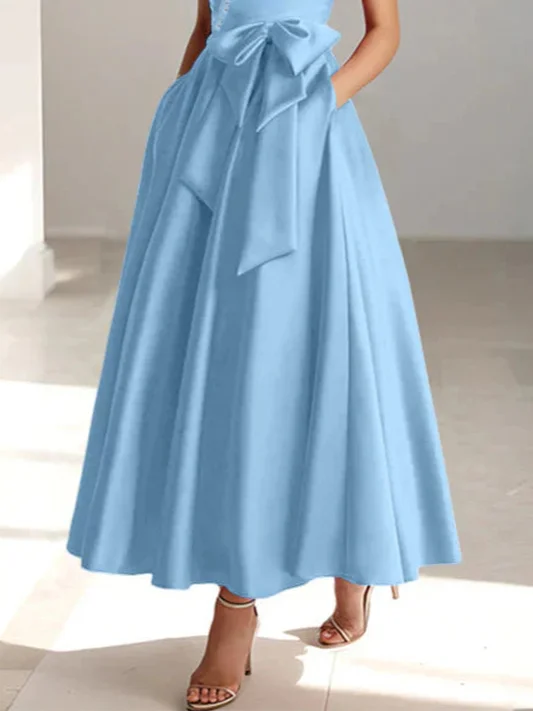 Women's Summer V Neck Light Blue Long Wedding Guest Formal Dress With Bow