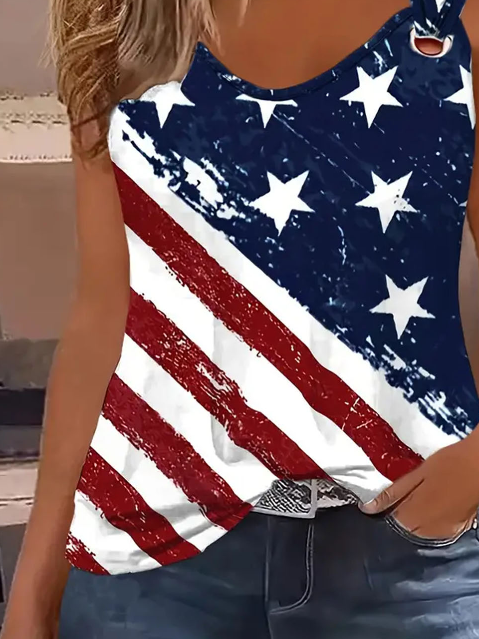 Women's Sleeveless Tank Top Camisole Summer America Flag Buckle Jersey Crew Neck Daily Going Out Casual Top