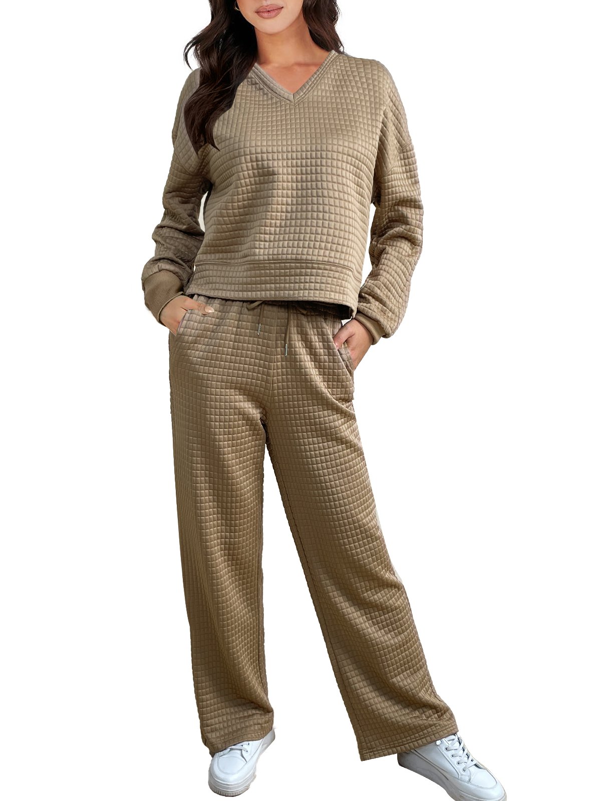 Women's Plain Daily Going Out Two-Piece Set Khaki Casual Spring/Fall Top With Pants Matching Set