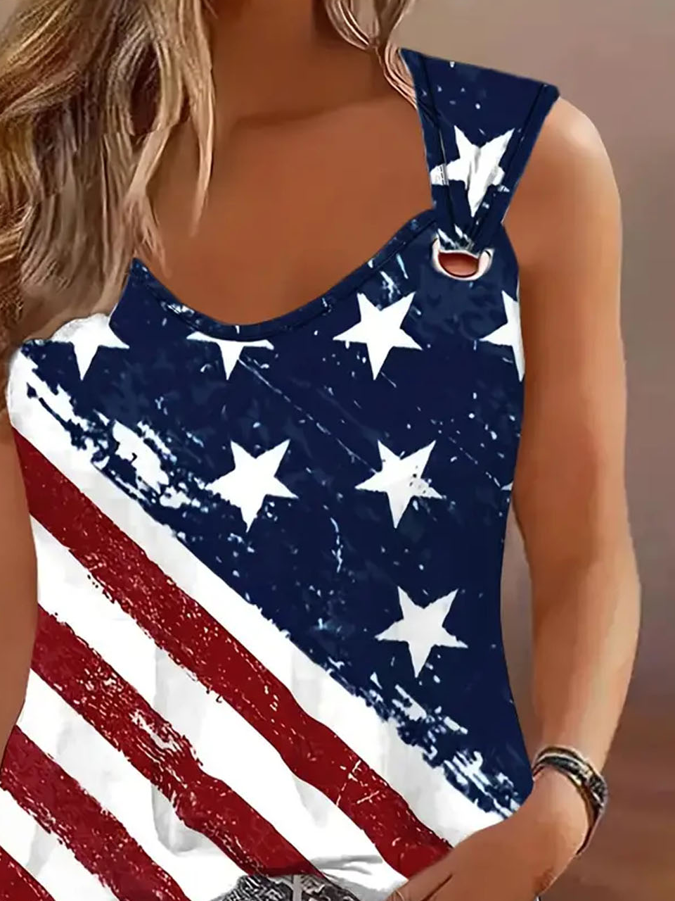 Women's Sleeveless Tank Top Camisole Summer America Flag Buckle Jersey Crew Neck Daily Going Out Casual Top