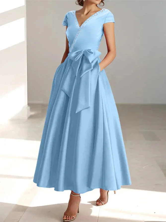 Women's Summer V Neck Light Blue Long Wedding Guest Formal Dress With Bow