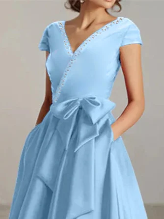 Women's Summer V Neck Light Blue Long Wedding Guest Formal Dress With Bow