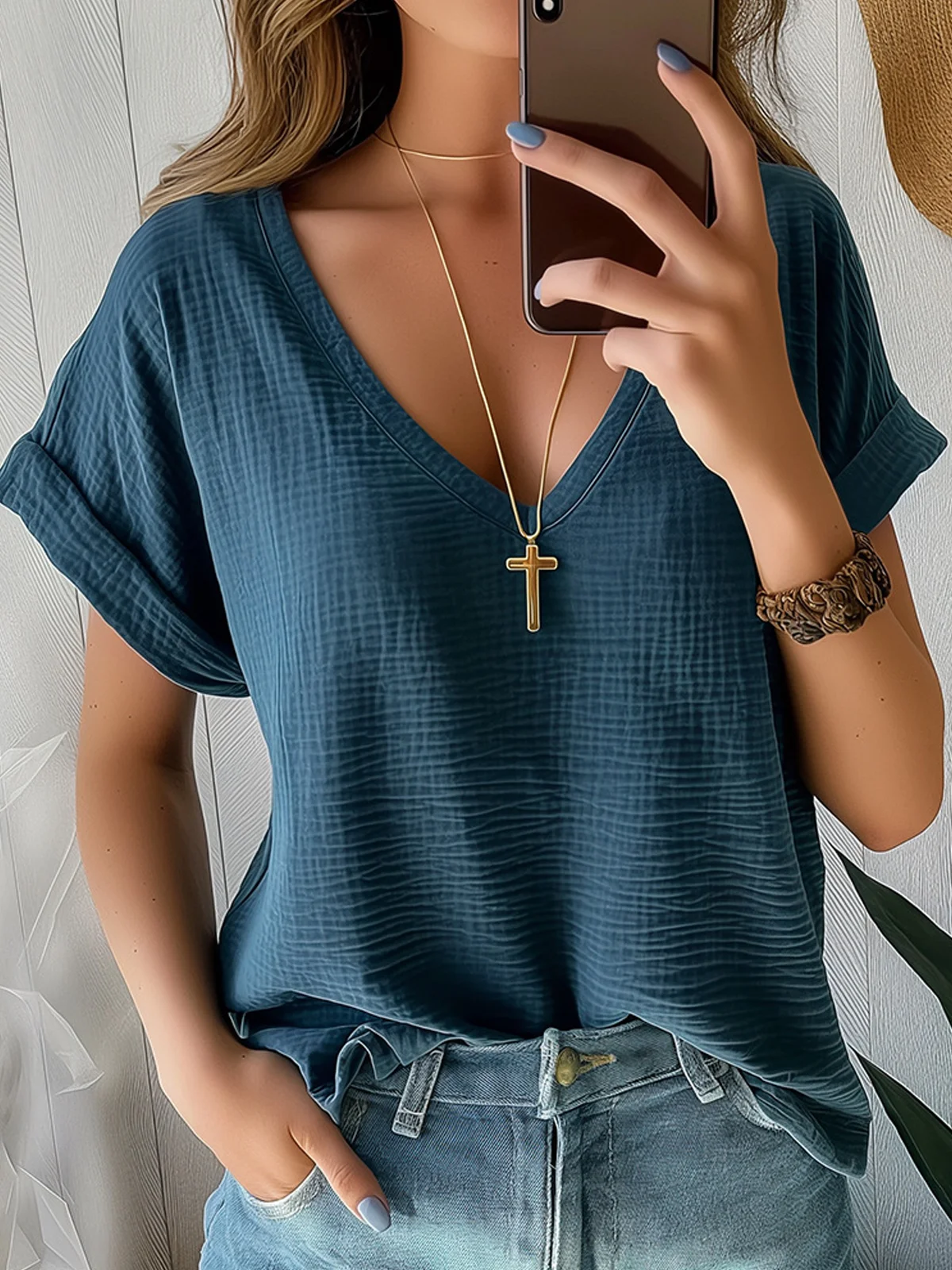 Women's Short Sleeve Blouse Summer Plain Cotton V Neck Daily Going Out Casual Top Black