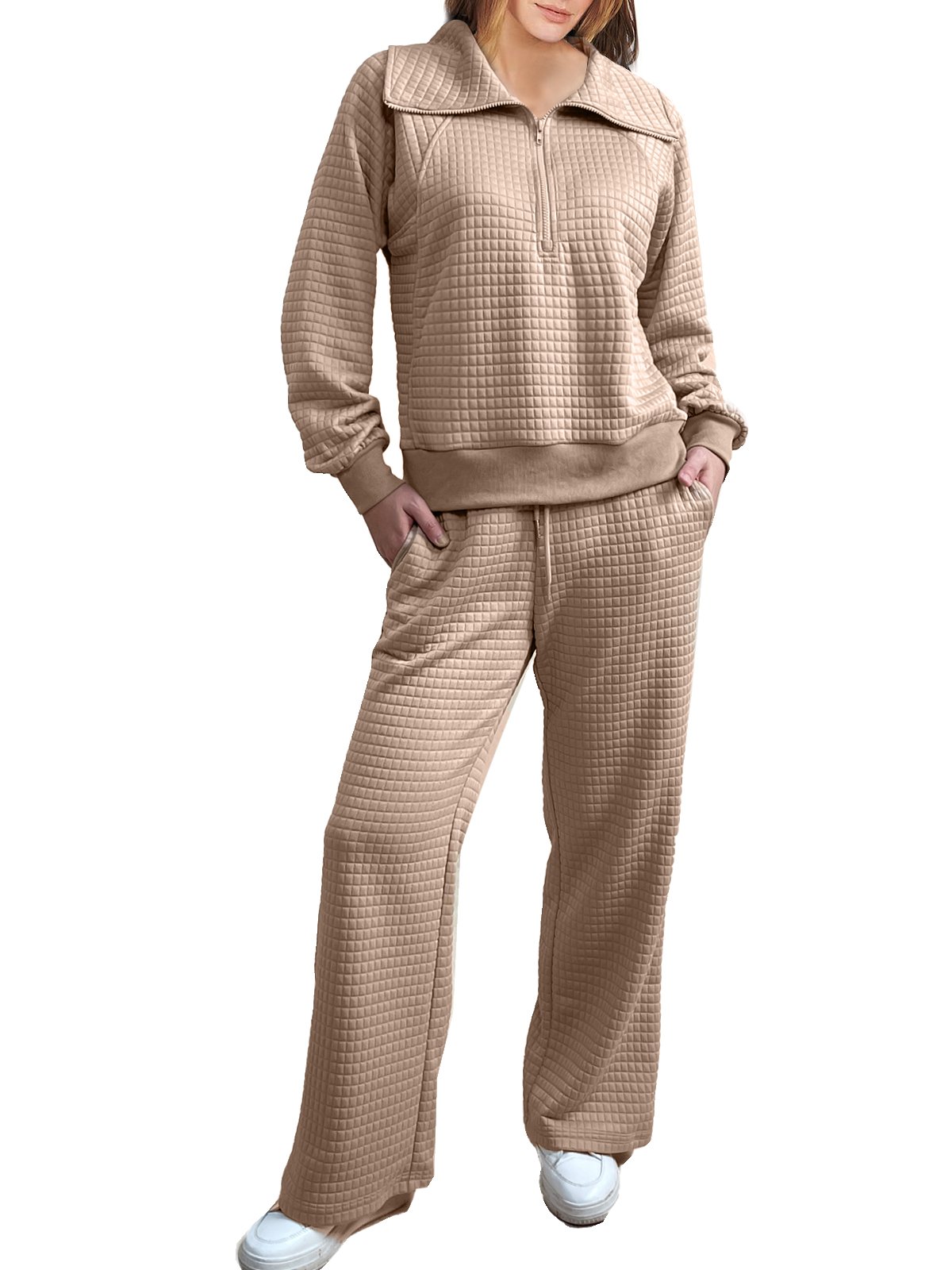 Women's Plain Daily Going Out Two-Piece Set Light Khaki Casual Spring/Fall Top With Pants Matching Set