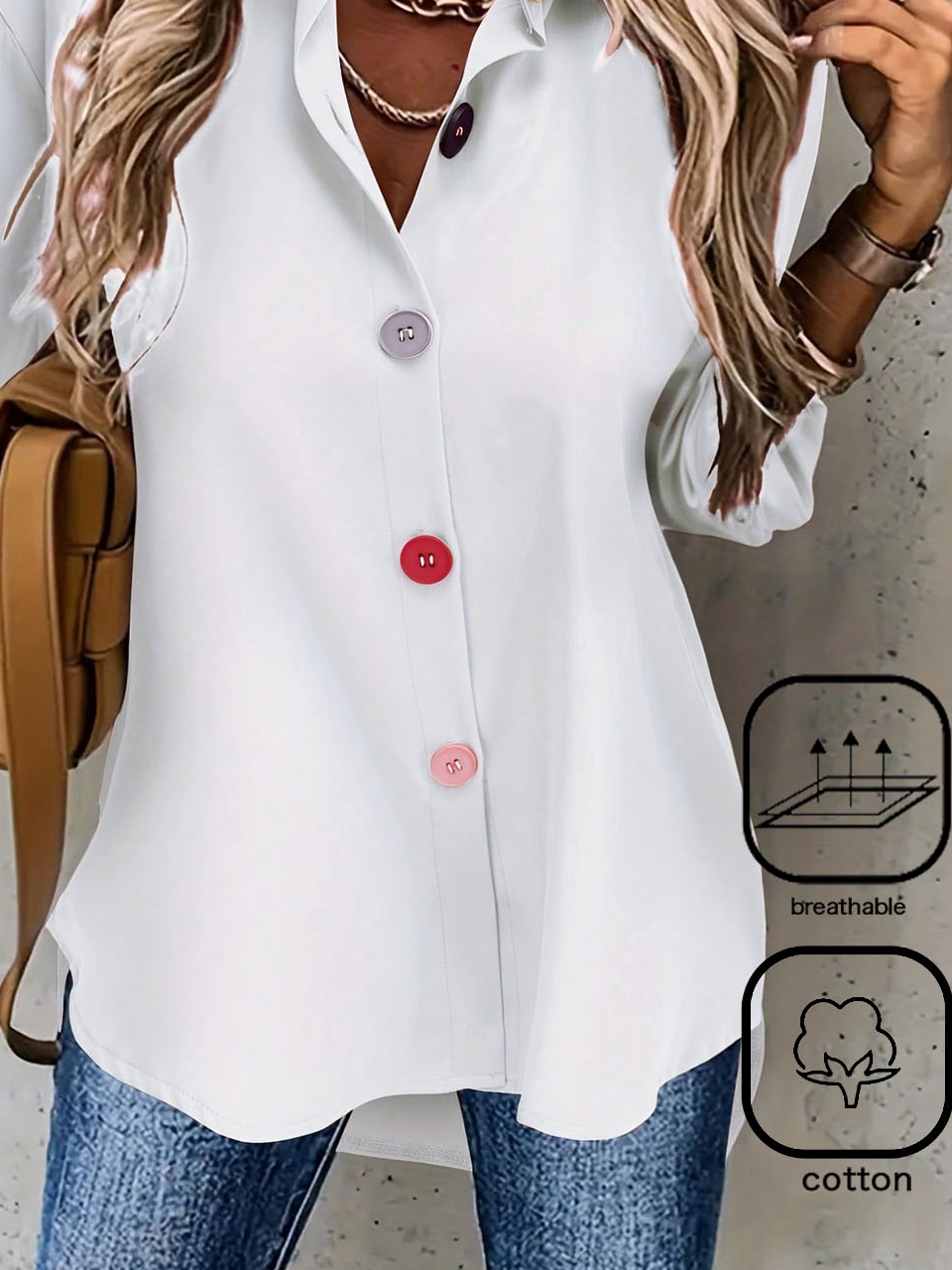 Women's Long Sleeve Shirt Spring/Fall Plain Buckle Cotton Shirt Collar Daily Going Out Casual Top White