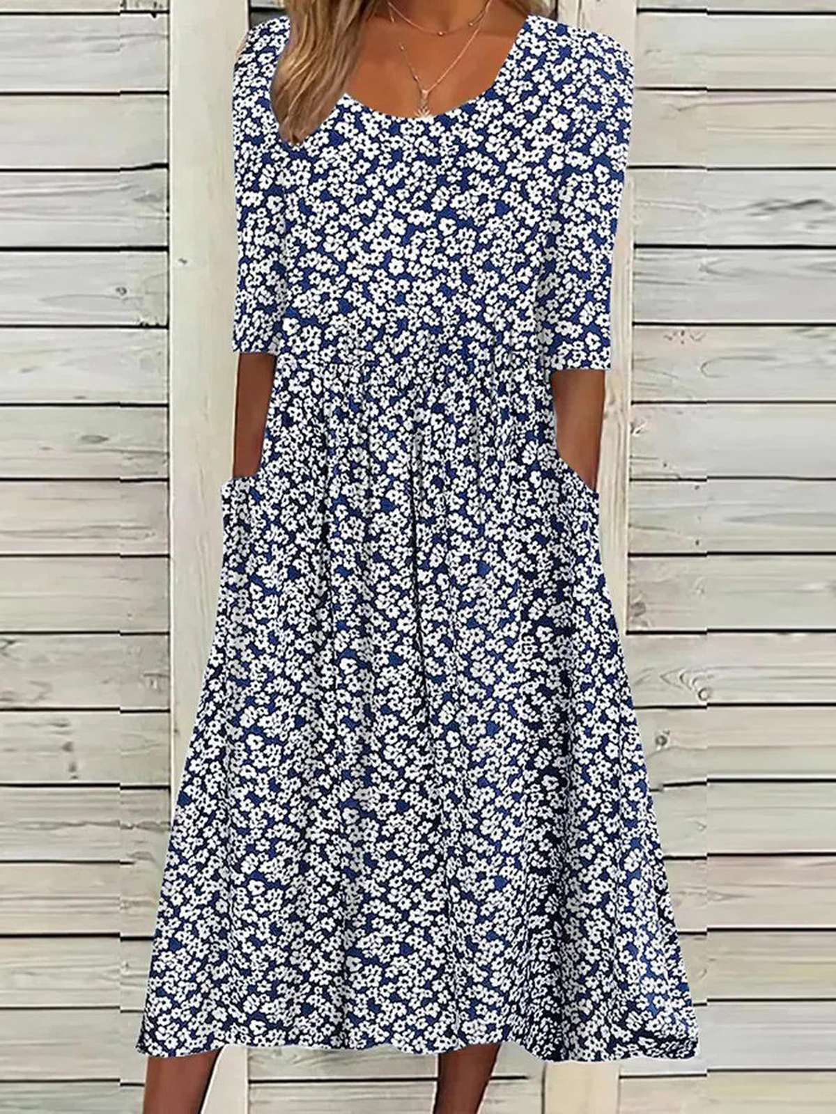 Women's Half Sleeve Summer Ditsy Floral Dress Crew Neck Daily Going Out Casual Midi H-Line Blue