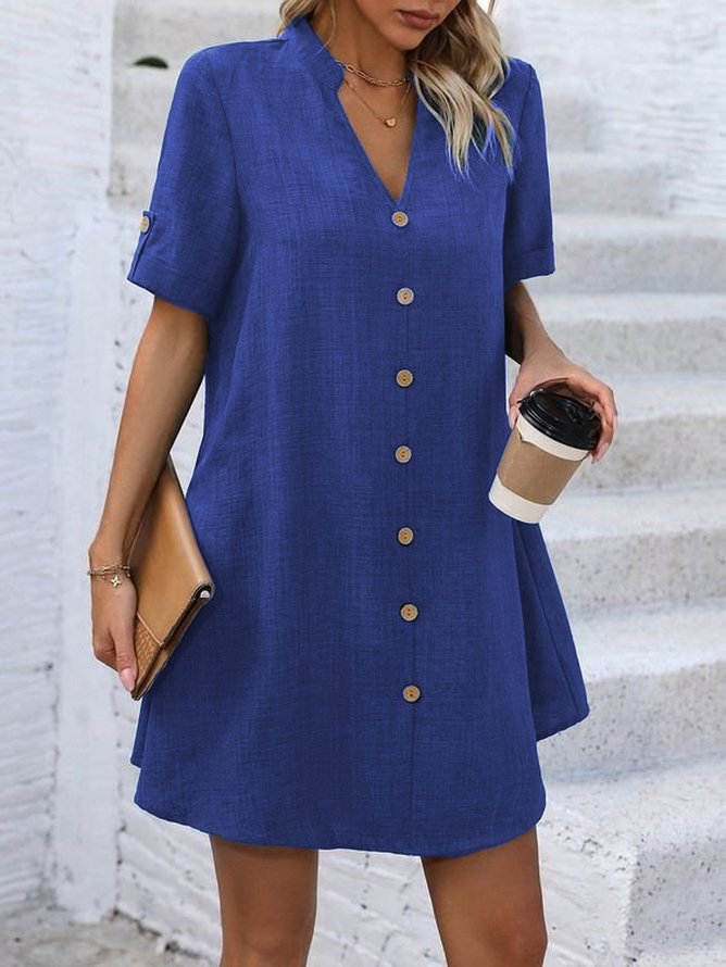 Women's Short Sleeve Summer Plain Buckle Dress V Neck Daily Going Out Casual Mini H-Line