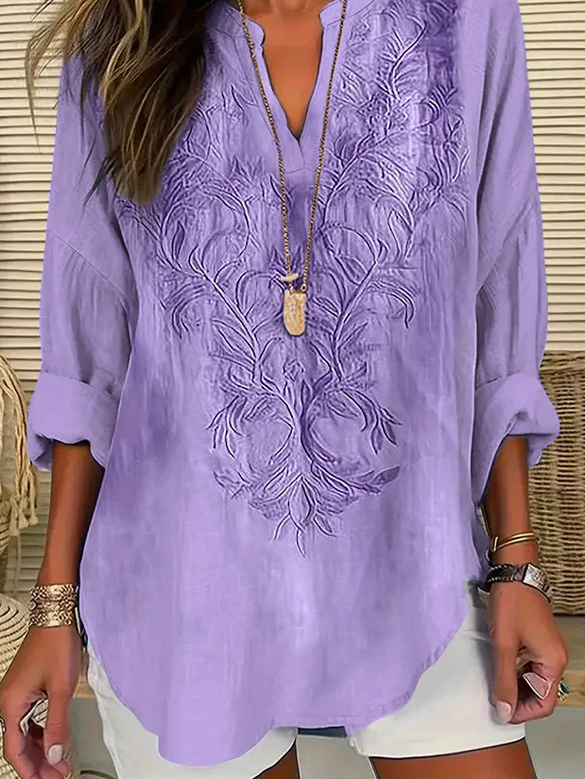 Women's Long Sleeve Blouse Spring/Fall Floral V Neck Daily Going Out Casual Top Purple