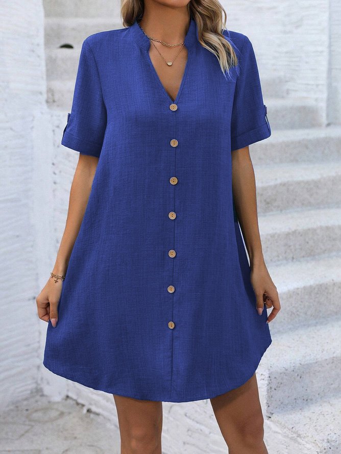 Women's Short Sleeve Summer Plain Buckle Dress V Neck Daily Going Out Casual Mini H-Line