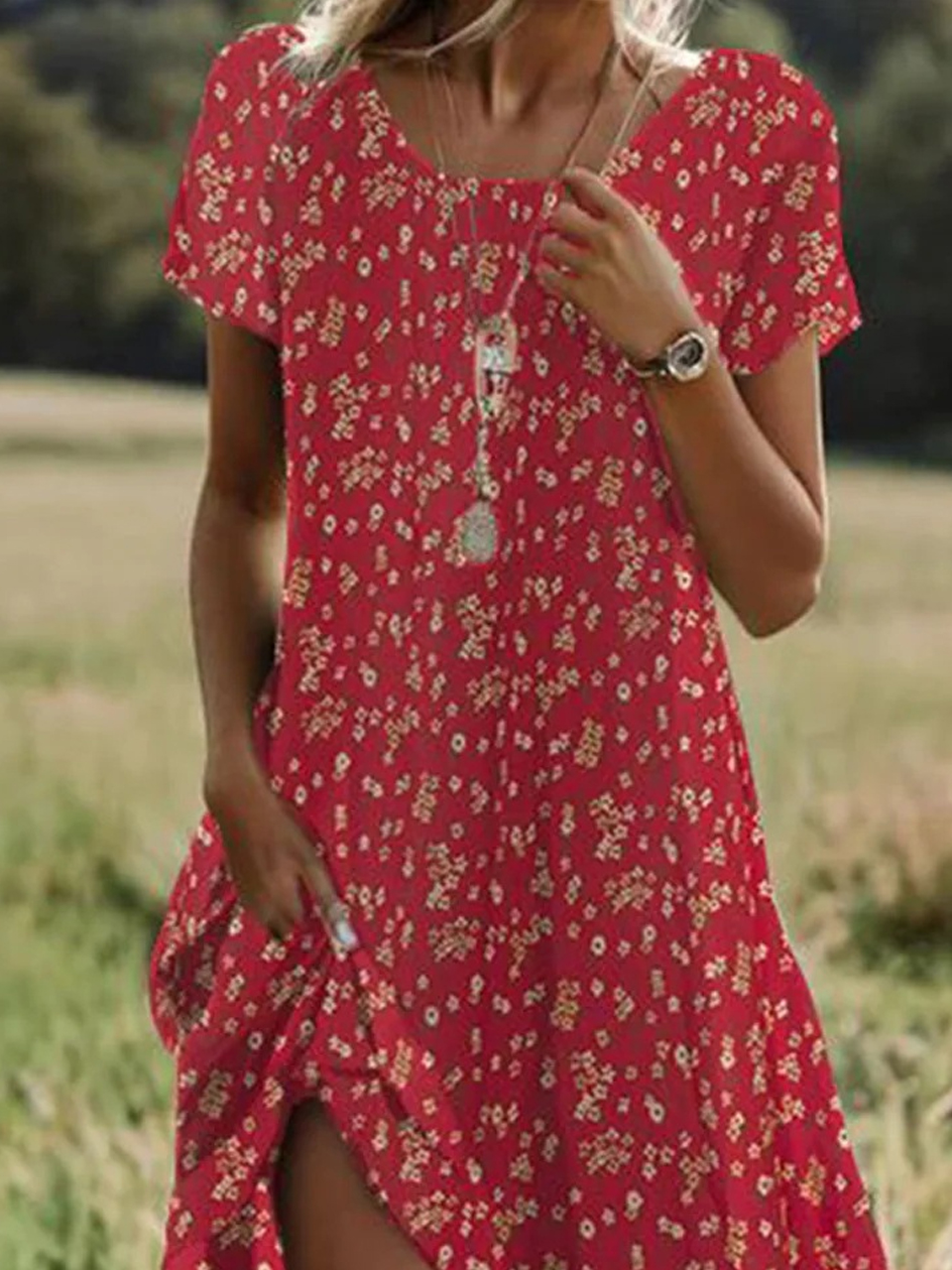 Women's Short Sleeve Summer Floral Dress Crew Neck Daily Going Out Casual Mini A-Line Red