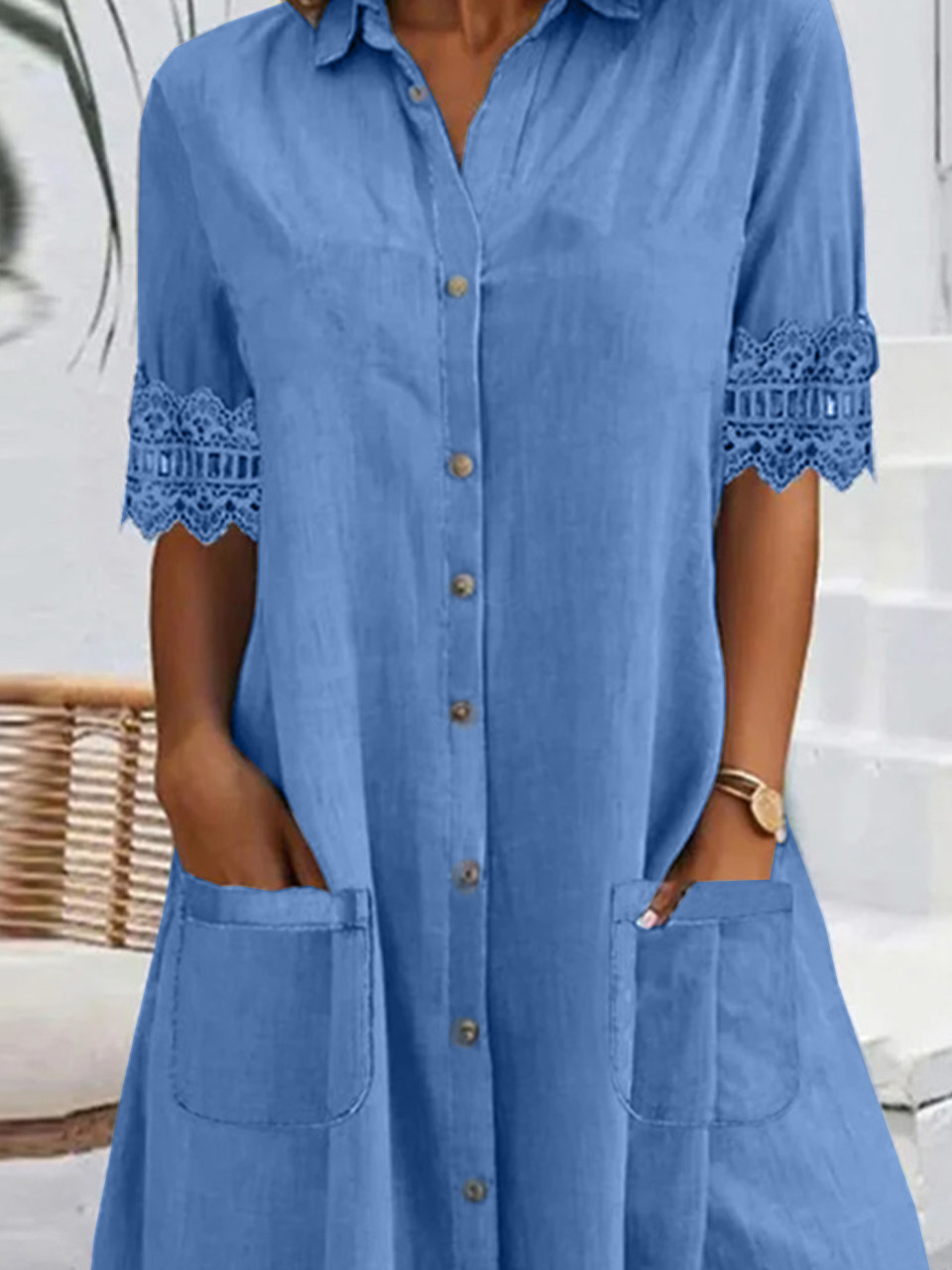 Women's Short Sleeve Summer Plain Lace Dress Shirt Collar Daily Going Out Casual Mini H-Line