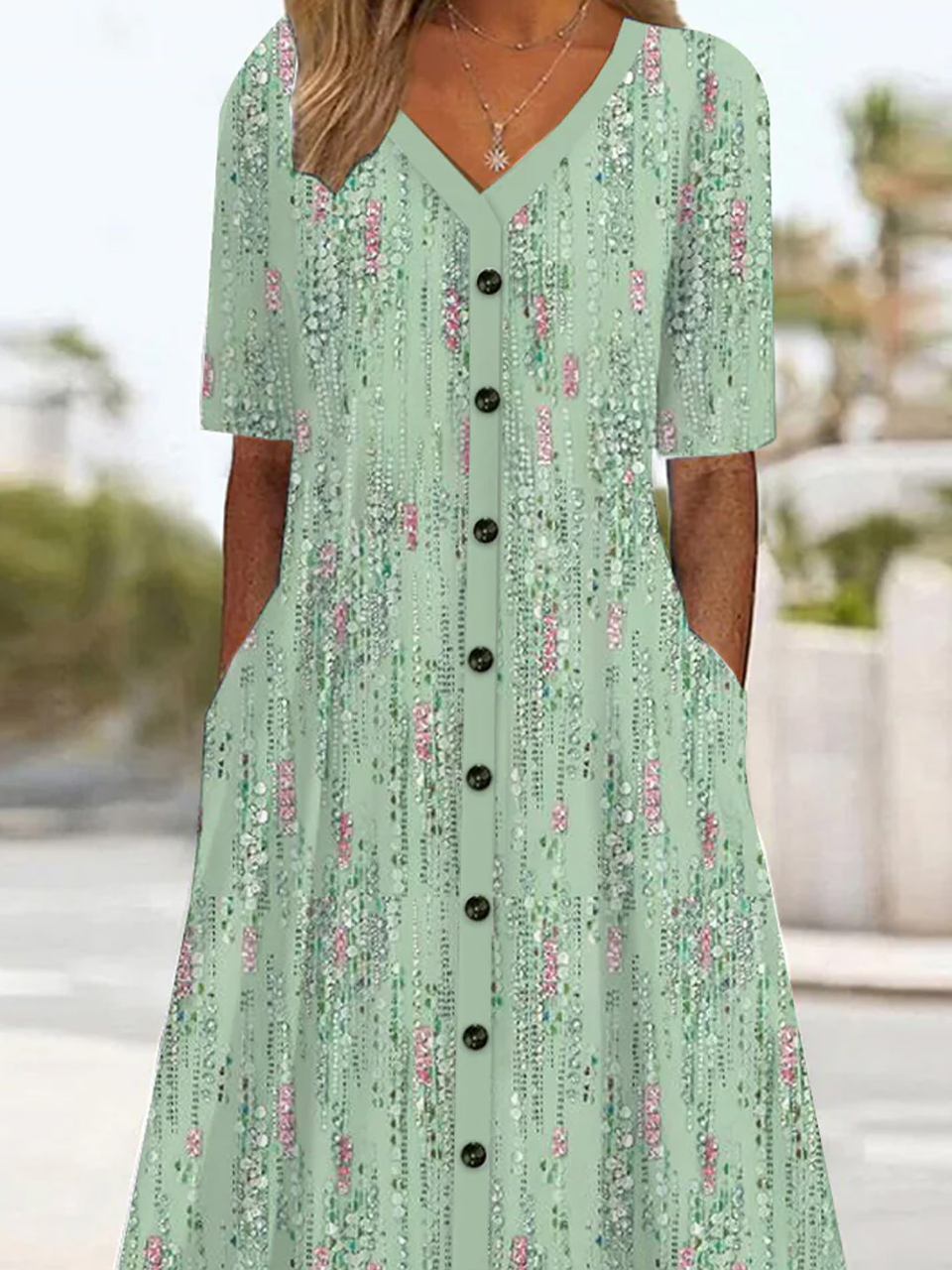 Women's Short Sleeve Summer Floral Dress V Neck Daily Going Out Casual Midi A-Line Green