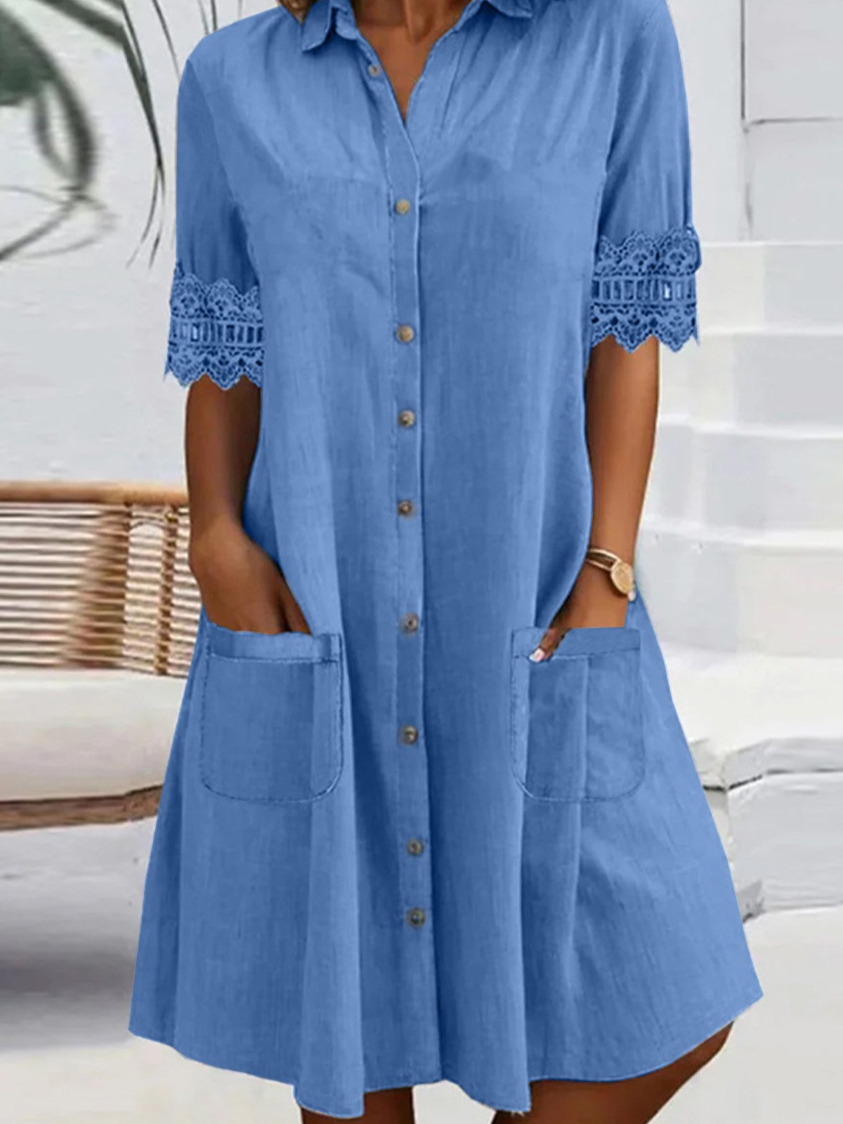 Women's Short Sleeve Summer Plain Lace Dress Shirt Collar Daily Going Out Casual Mini H-Line