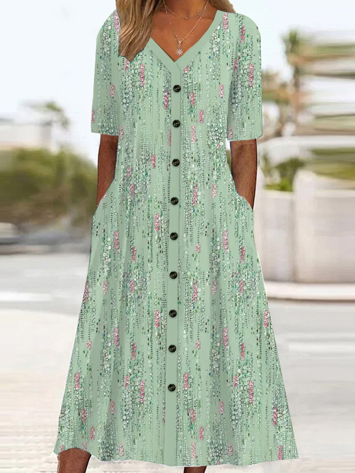 Women's Short Sleeve Summer Floral Dress V Neck Daily Going Out Casual Midi A-Line Green