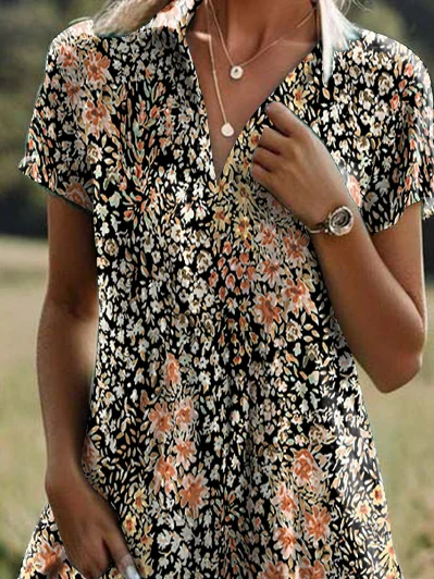 Women's Short Sleeve Summer Floral Shirt Collar Daily Going Out Casual Midi A-Line Brown Dress