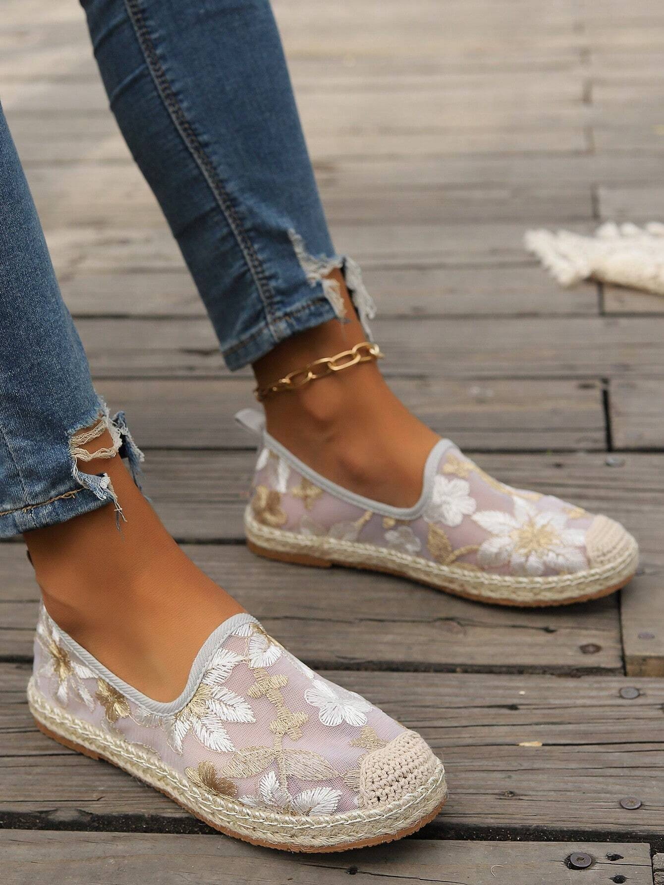 Mesh Floral Wedge Heel All Season Shallow Shoes