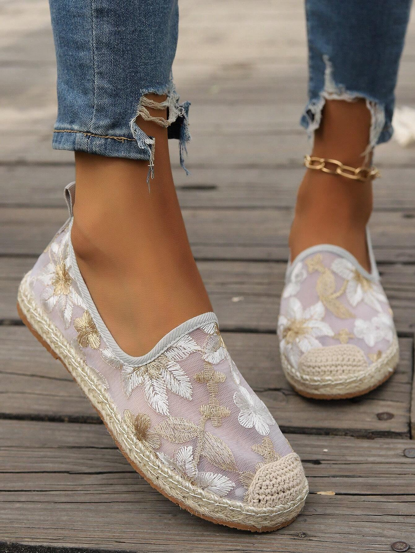 Mesh Floral Wedge Heel All Season Shallow Shoes